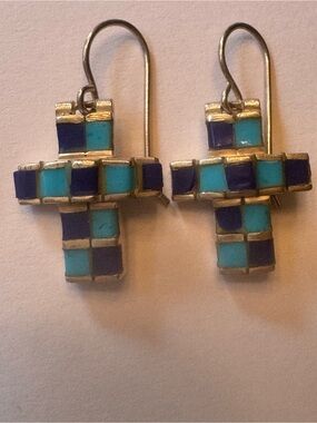 Turquoise & Dark Blue Cross Drop Earrings - Sterling Accents